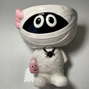 Pink Halloween Girl Mummy with Bow and Jack-o-lantern Ceramic Candy Bowl new